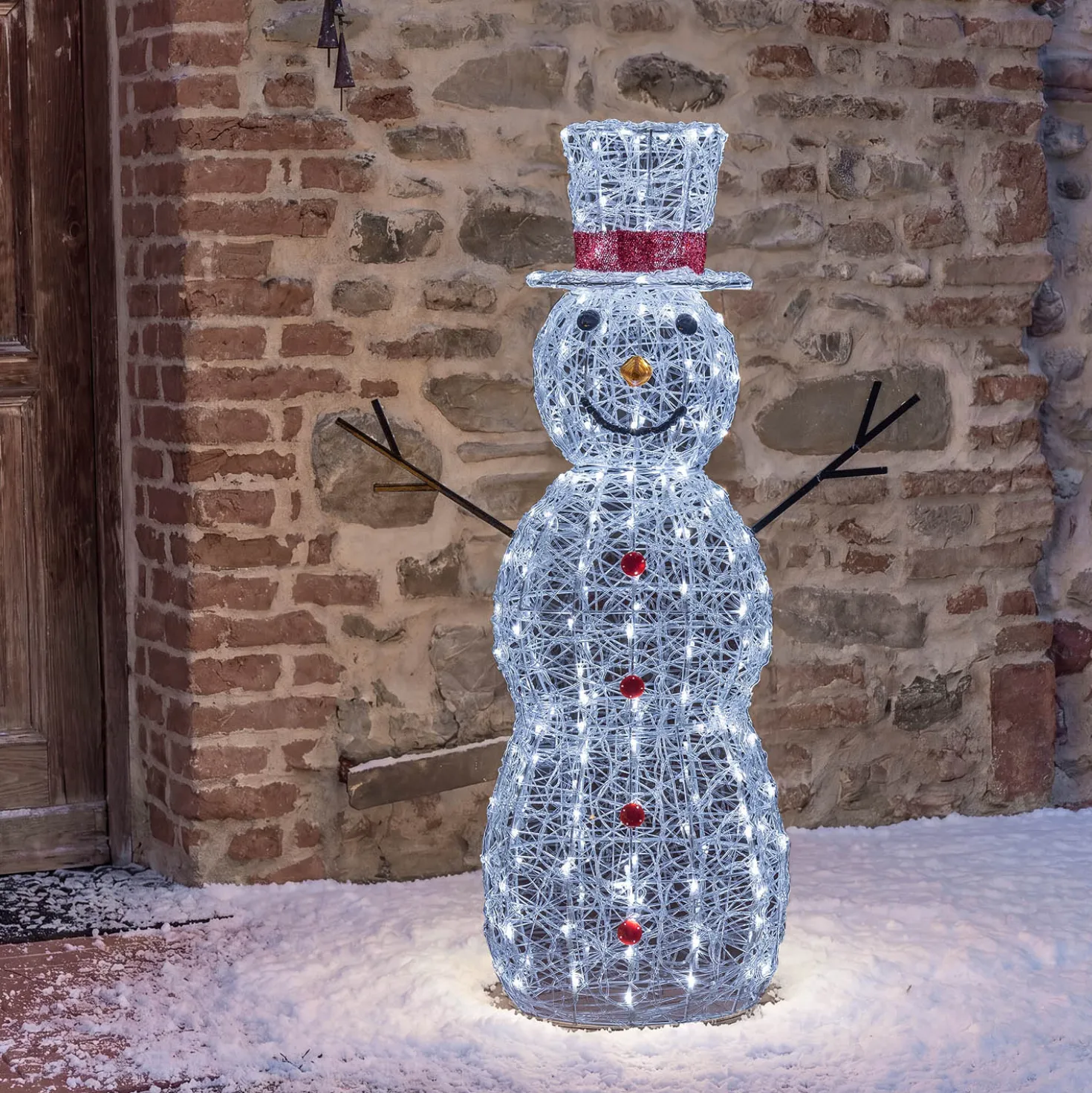 Pupazzo di Neve 3D in acrilico trasparente, h 105 cm, 220 Dual LED bianco caldo e freddo