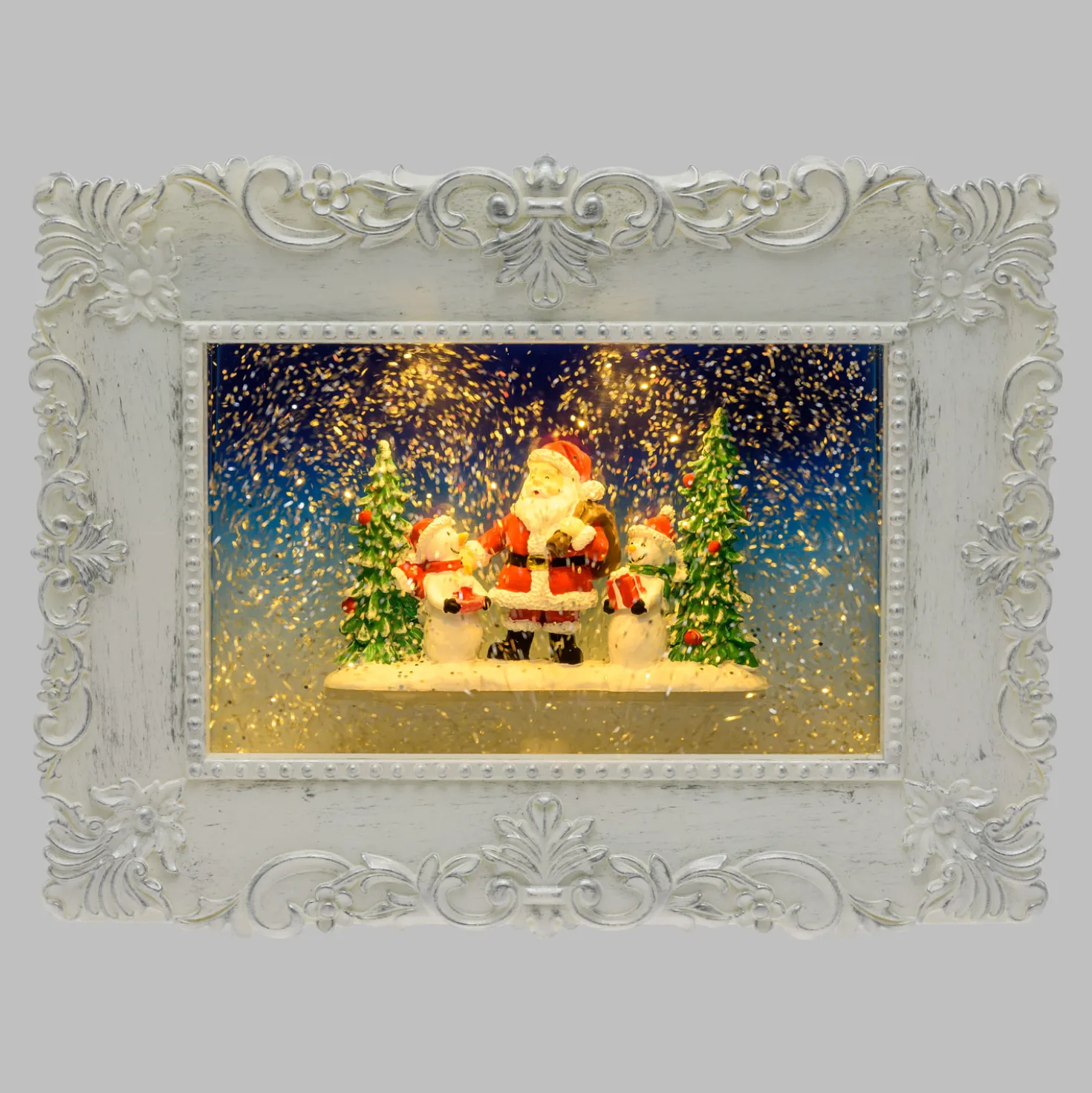 Quadretto luminoso con Babbo Natale e pupazzi di neve, led bianco caldo