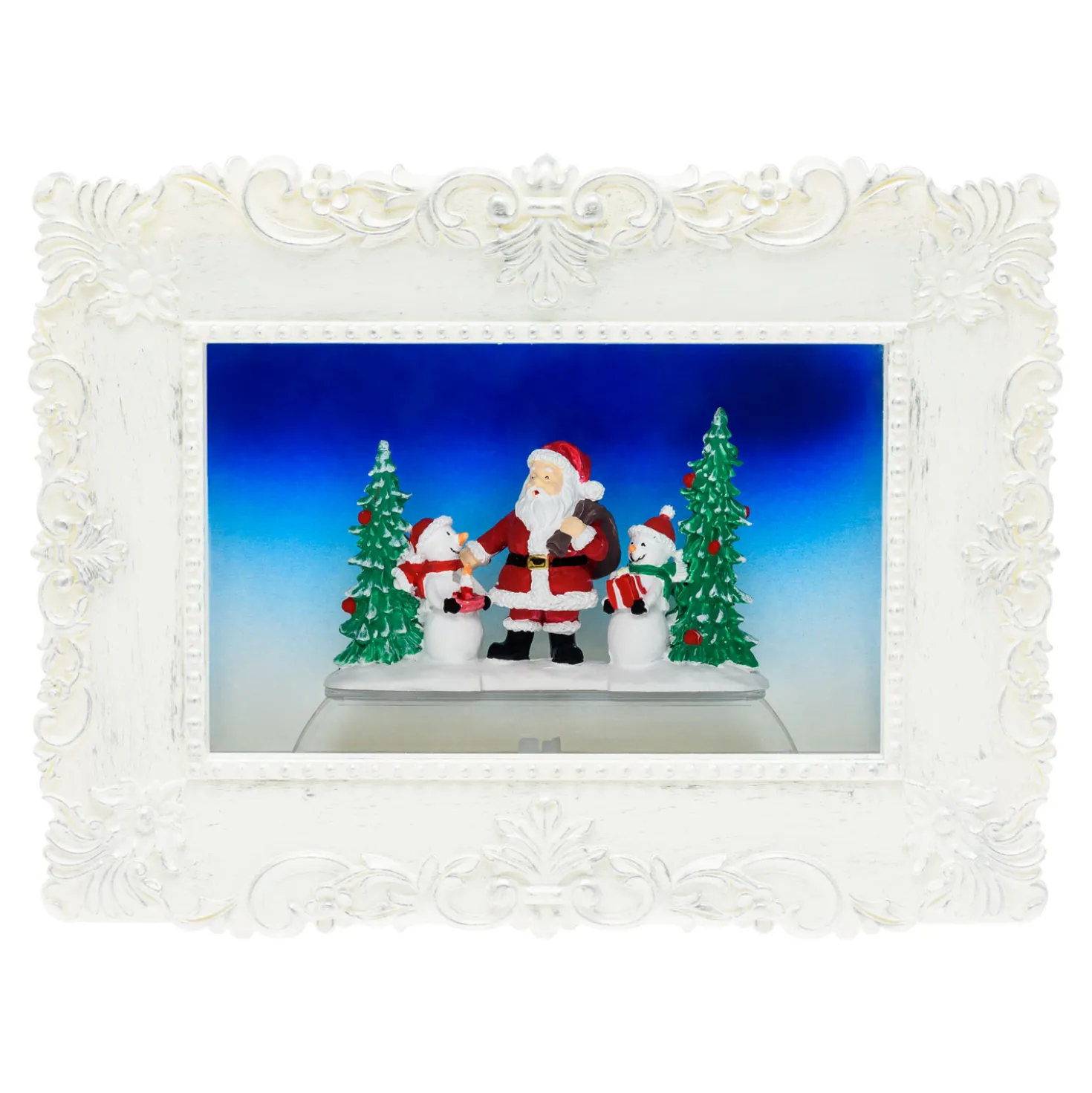 Quadretto luminoso con Babbo Natale e pupazzi di neve, led bianco caldo
