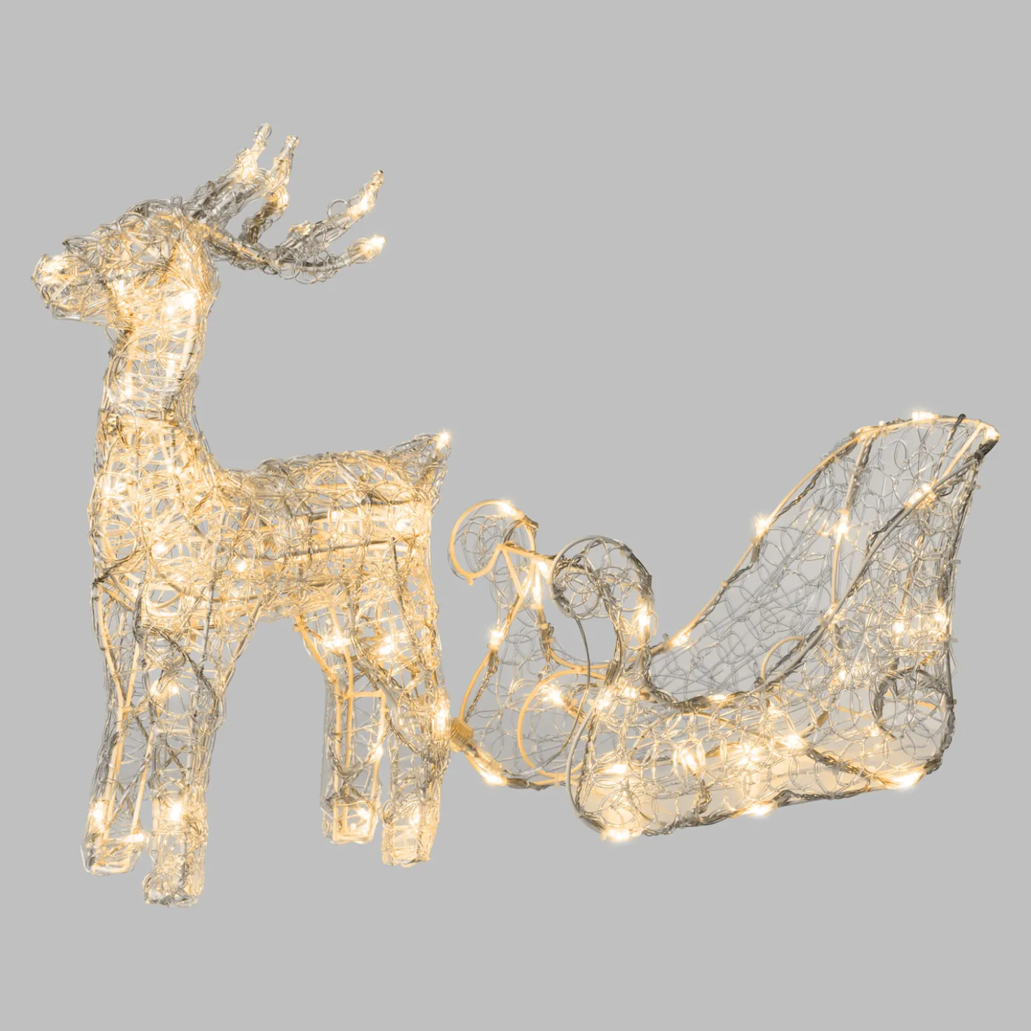 Renna con slitta 3D in acrilico trasparente, h 40 cm, led bianco caldo