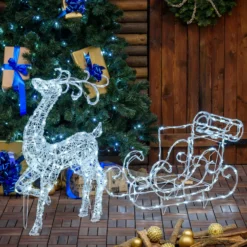 Renna con slitta 3D in acrilico trasparente, 220 led bianco freddo