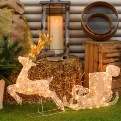 Renna con slitta 3D Light Cream & Brown h 60 cm, 160 led bianco extra caldo