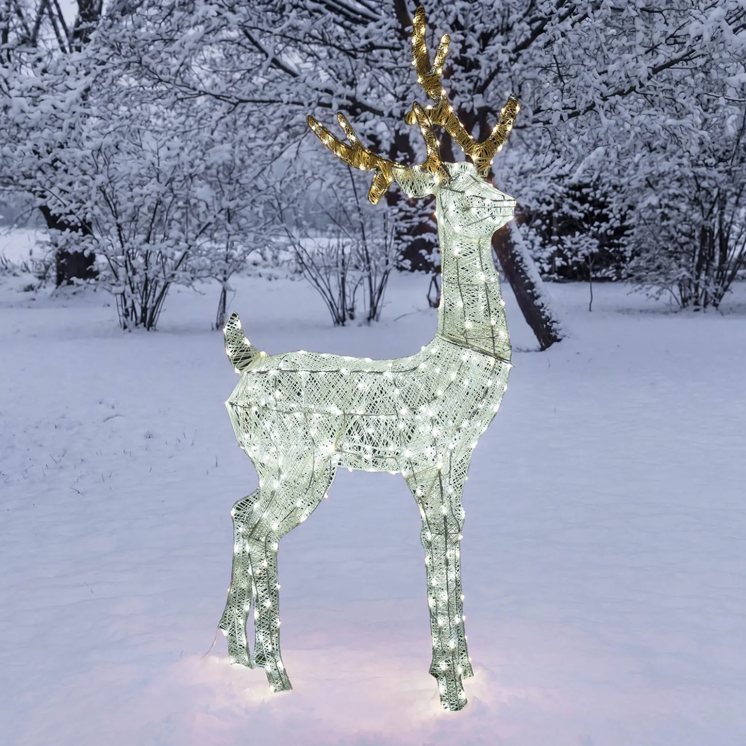 Renna con testa ruotata 3D Light Cream & Brown, h 160 cm, 380 Dual LED bianco extra caldo e bianco freddo