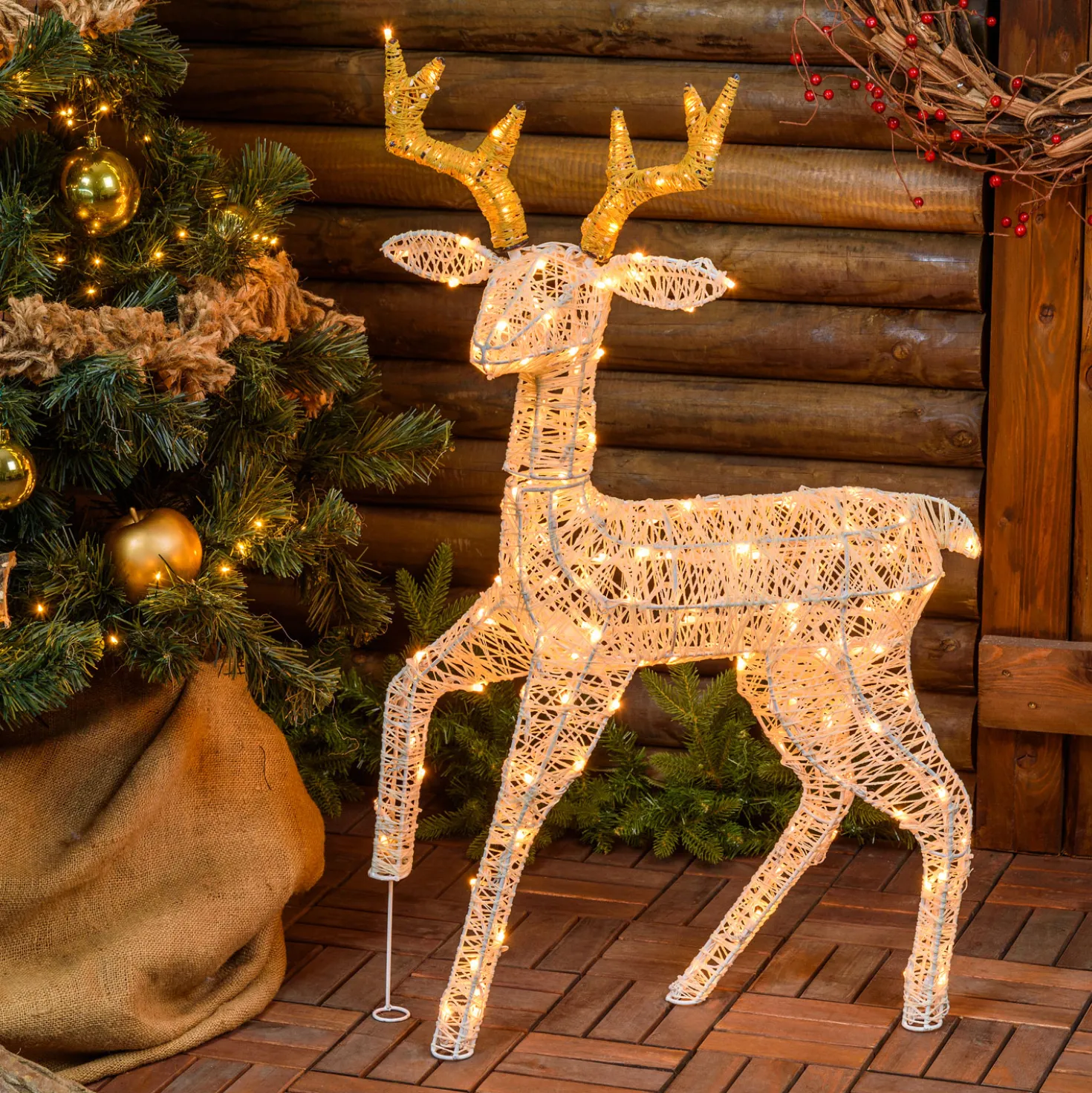 Renna 3D crema e marrone 85 cm, led bianco extra caldo