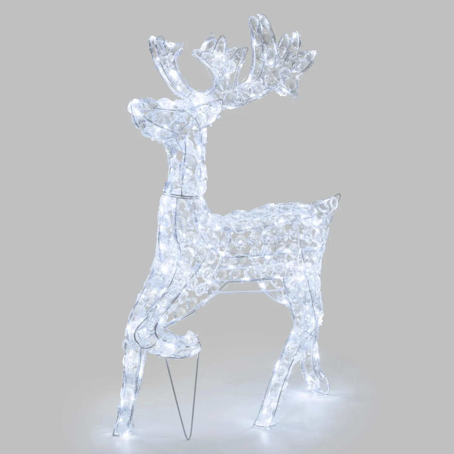 Renna luminosa galoppante con cristalli trasparenti, led bianco freddo