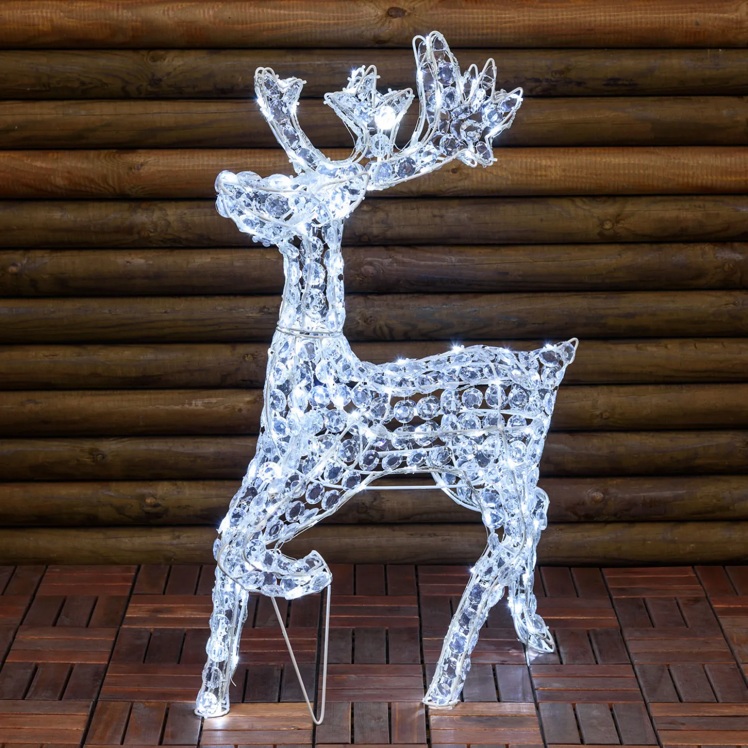 Renna luminosa galoppante con cristalli trasparenti, led bianco freddo