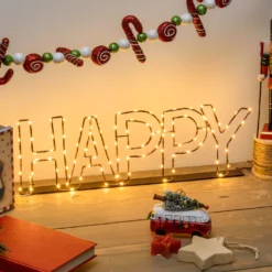 Scritta luminosa led HAPPY color rame, bianco caldo