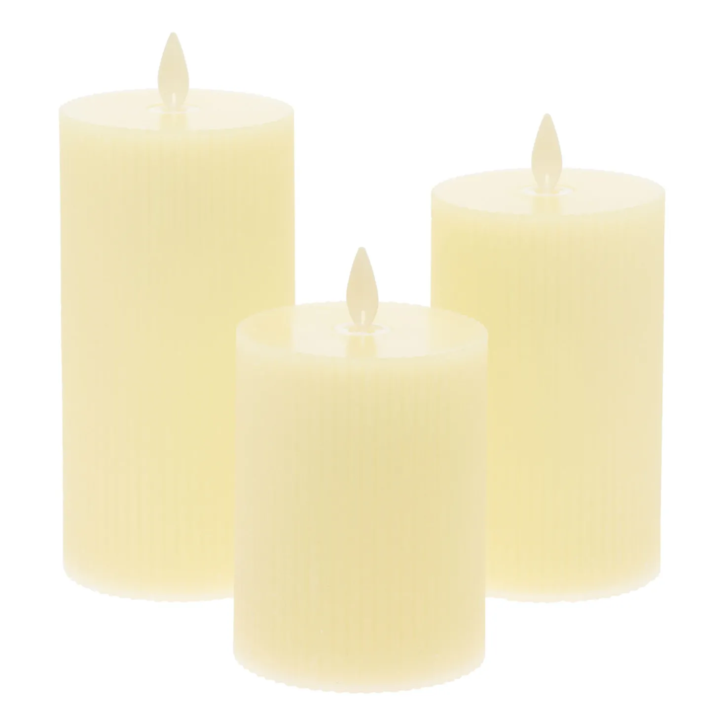 Set 3 candele avorio a coste in cera, fiamma in movimento
