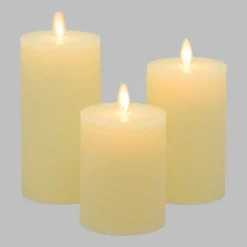 Set 3 candele avorio a coste in cera, fiamma in movimento