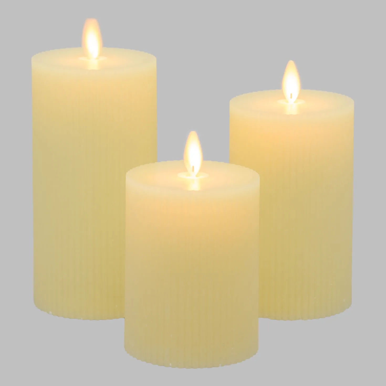 Set 3 candele avorio a coste in cera, fiamma in movimento
