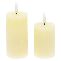 Set 2 candele avorio a coste in cera, fiamma 3D con stoppino