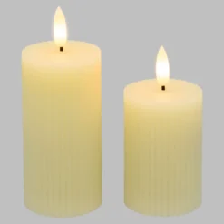 Set 2 candele avorio a coste in cera, fiamma 3D con stoppino