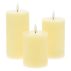 Set 3 candele avorio a coste in cera, fiamma 3D con stoppino