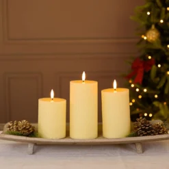 Set 3 candele avorio a coste in cera, fiamma 3D con stoppino