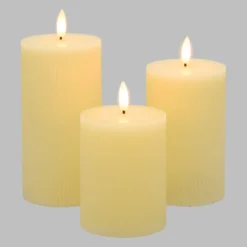 Set 3 candele avorio a coste in cera, fiamma 3D con stoppino