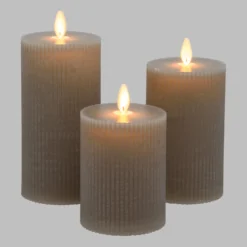 Set 3 candele grigio marrone a coste in cera, fiamma in movimento