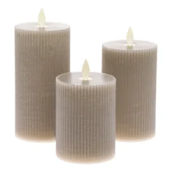 Set 3 candele grigio marrone a coste in cera, fiamma in movimento