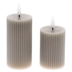 Set 2 candele grigio marrone a coste in cera, fiamma 3D con stoppino