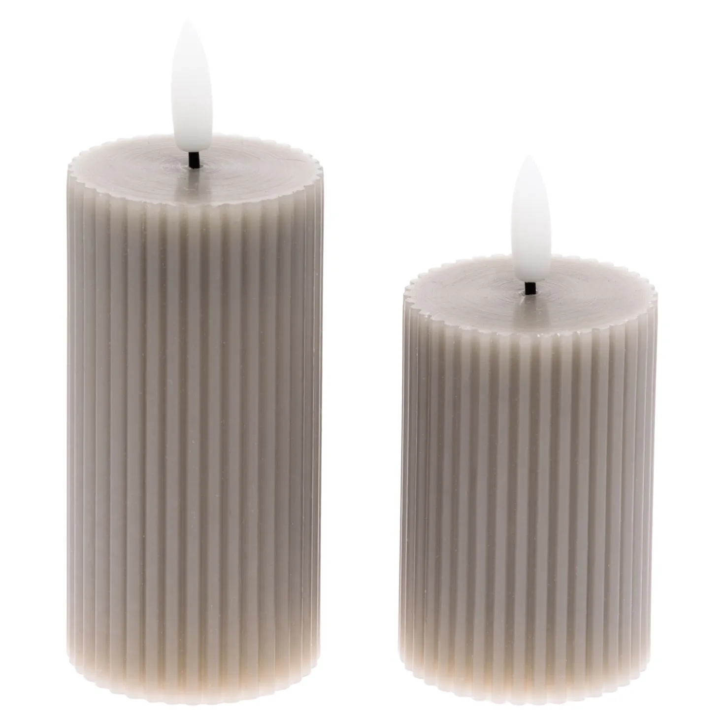 Set 2 candele grigio marrone a coste in cera, fiamma 3D con stoppino