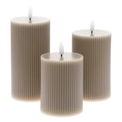 Set 3 candele grigio marrone a coste in cera, fiamma 3D con stoppino