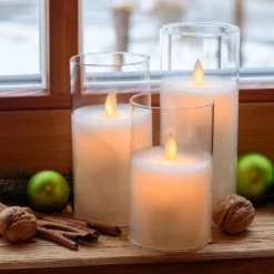 Set 3 candele in vetro, led bianco caldo