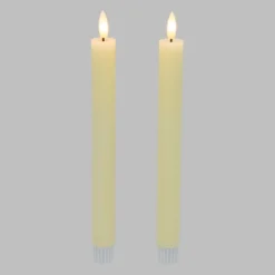 Set 2 Candele stelo avorio a coste in cera, fiamma 3D con stoppino
