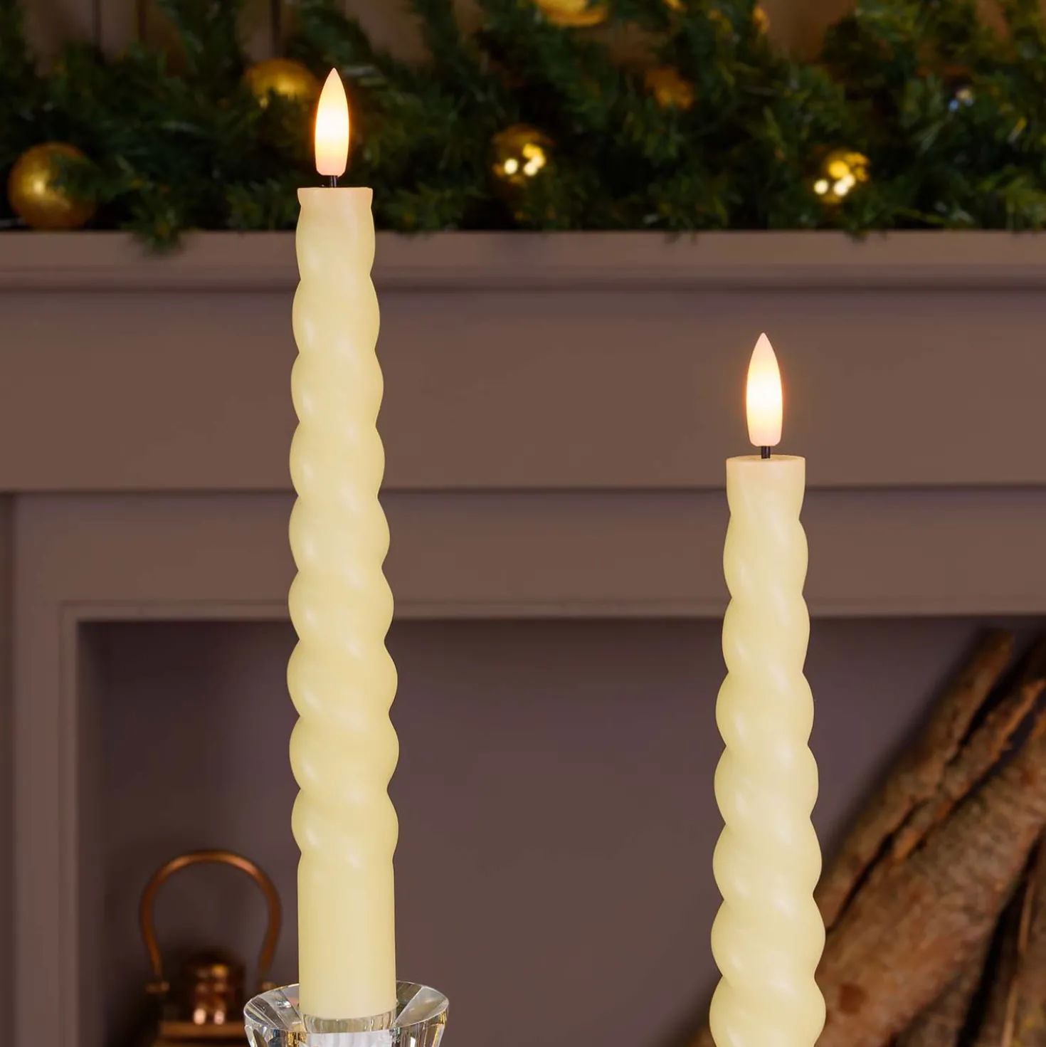 Set 2 Candele stelo avorio a spirale in cera, fiamma 3D con stoppino