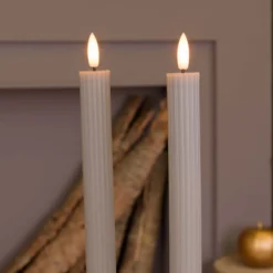 Set 2 Candele stelo grigio marrone a coste in cera, fiamma 3D con stoppino