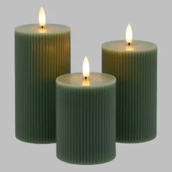 Set 3 candele verdi a coste in cera, fiamma 3D con stoppino