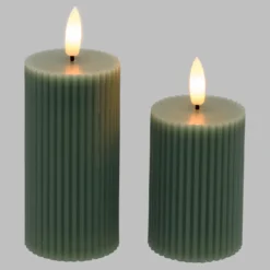 Set 2 candele verdi a coste in cera, fiamma 3D con stoppino