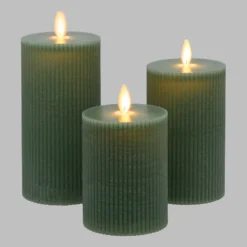 Set 3 candele verdi a coste in cera, fiamma in movimento