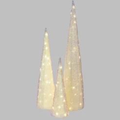 Set 3 Coni luminosi 3D in Tessuto Bianco Iridescente, led bianco caldo, uso interno