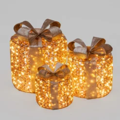 Set 3 Pacchi Regalo 3D Rose Gold, filo a spirale, forma cilindrica, led bianco caldo