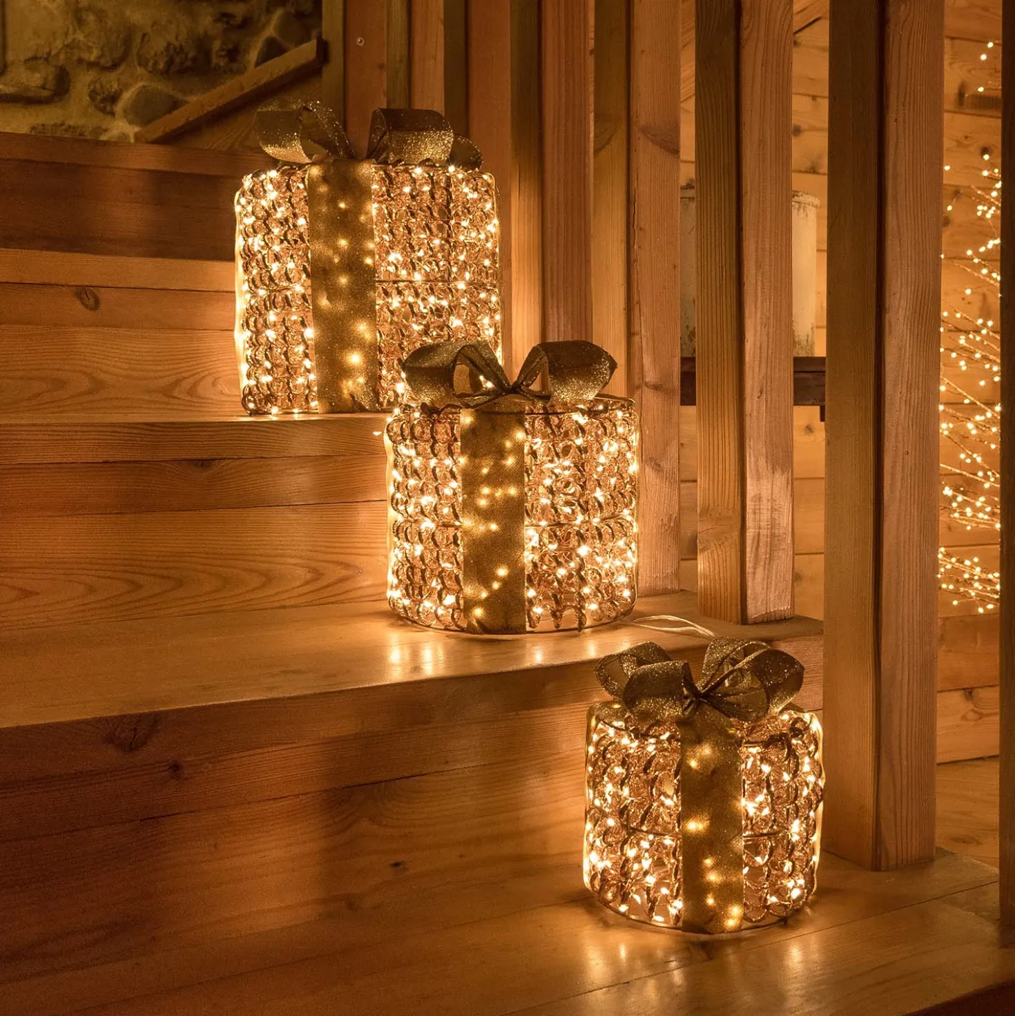 Set 3 Pacchi Regalo 3D Rose Gold, filo a spirale, forma cilindrica, led bianco caldo