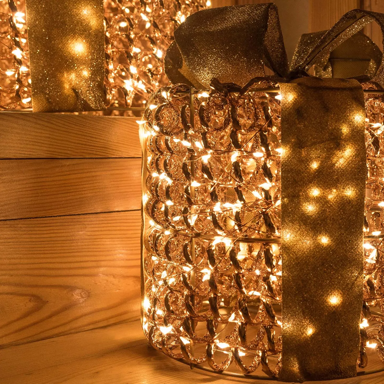 Set 3 Pacchi Regalo 3D Rose Gold, filo a spirale, forma cilindrica, led bianco caldo