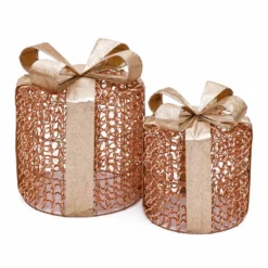 Set 2 Pacchi Regalo 3D Rose Gold, filo a spirale, forma cilindrica, led bianco caldo