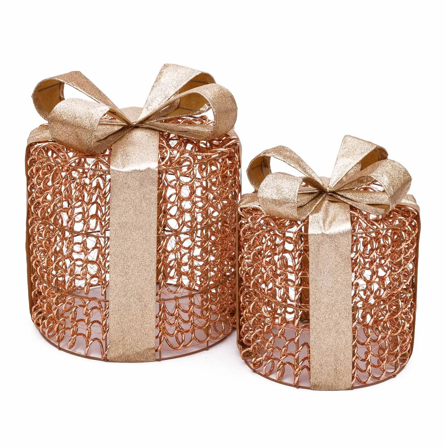 Set 2 Pacchi Regalo 3D Rose Gold, filo a spirale, forma cilindrica, led bianco caldo