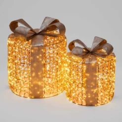 Set 2 Pacchi Regalo 3D Rose Gold, filo a spirale, forma cilindrica, led bianco caldo