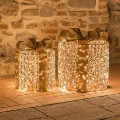 Set 2 Pacchi Regalo 3D Rose Gold, filo a spirale, forma cilindrica, led bianco caldo