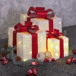 Set 3 Pacchi Regalo luminosi 3D in Tessuto Bianco Iridescente, led bianco caldo, uso interno