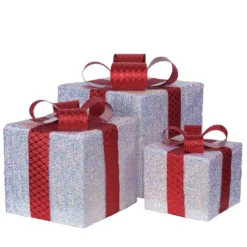 Set 3 Pacchi Regalo luminosi 3D in Tessuto Bianco Iridescente, led bianco caldo, uso interno