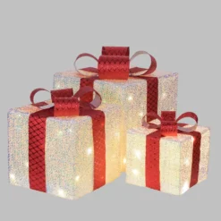 Set 3 Pacchi Regalo luminosi 3D in Tessuto Bianco Iridescente, led bianco caldo, uso interno