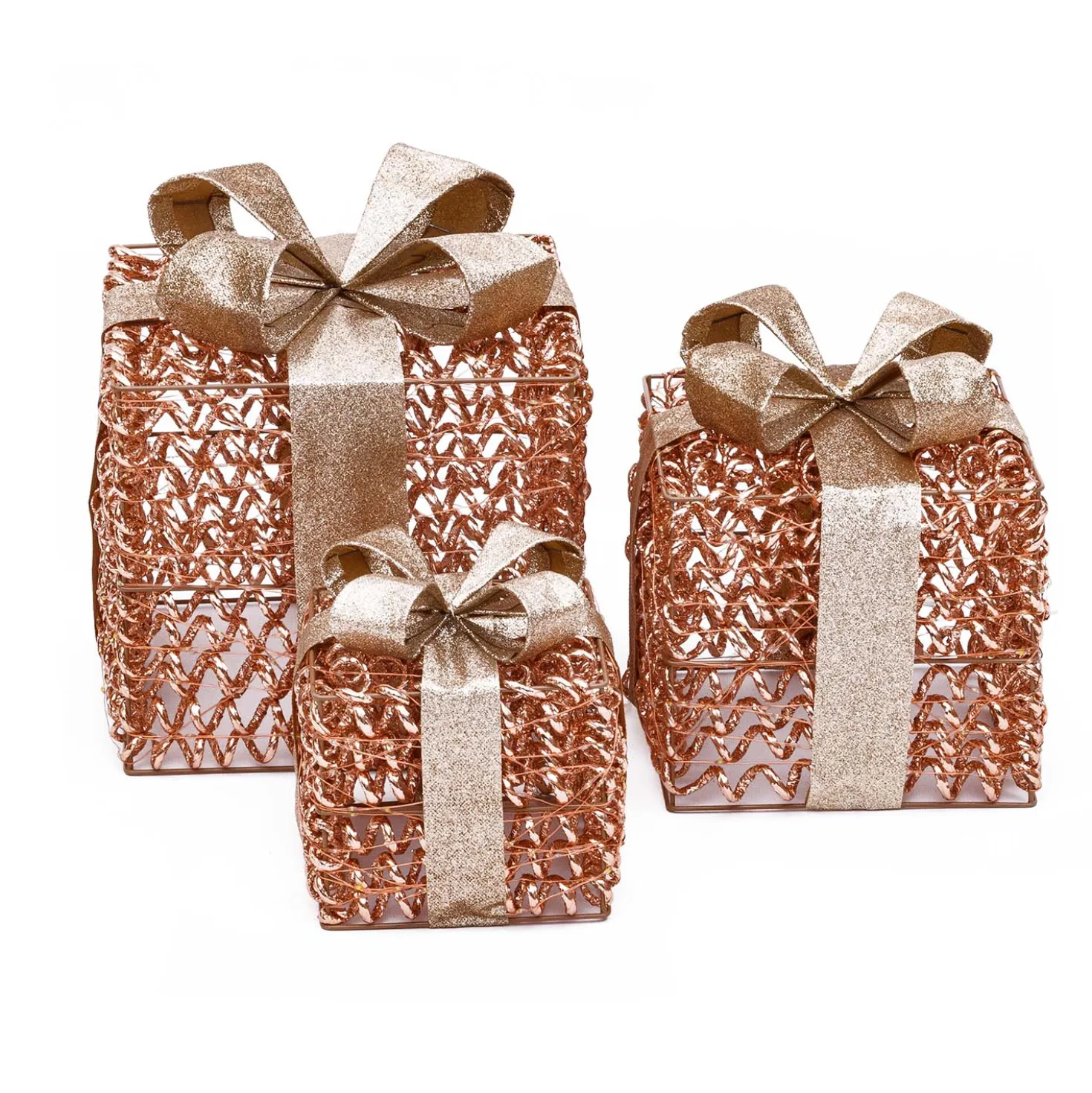 Set 3 Pacchi Regalo luminosi 3D Rose Gold, filo a spirale, led bianco caldo