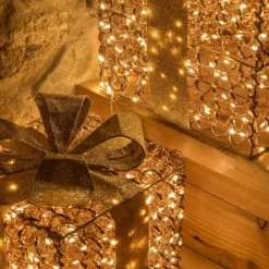 Set 3 Pacchi Regalo luminosi 3D Rose Gold, filo a spirale, led bianco caldo