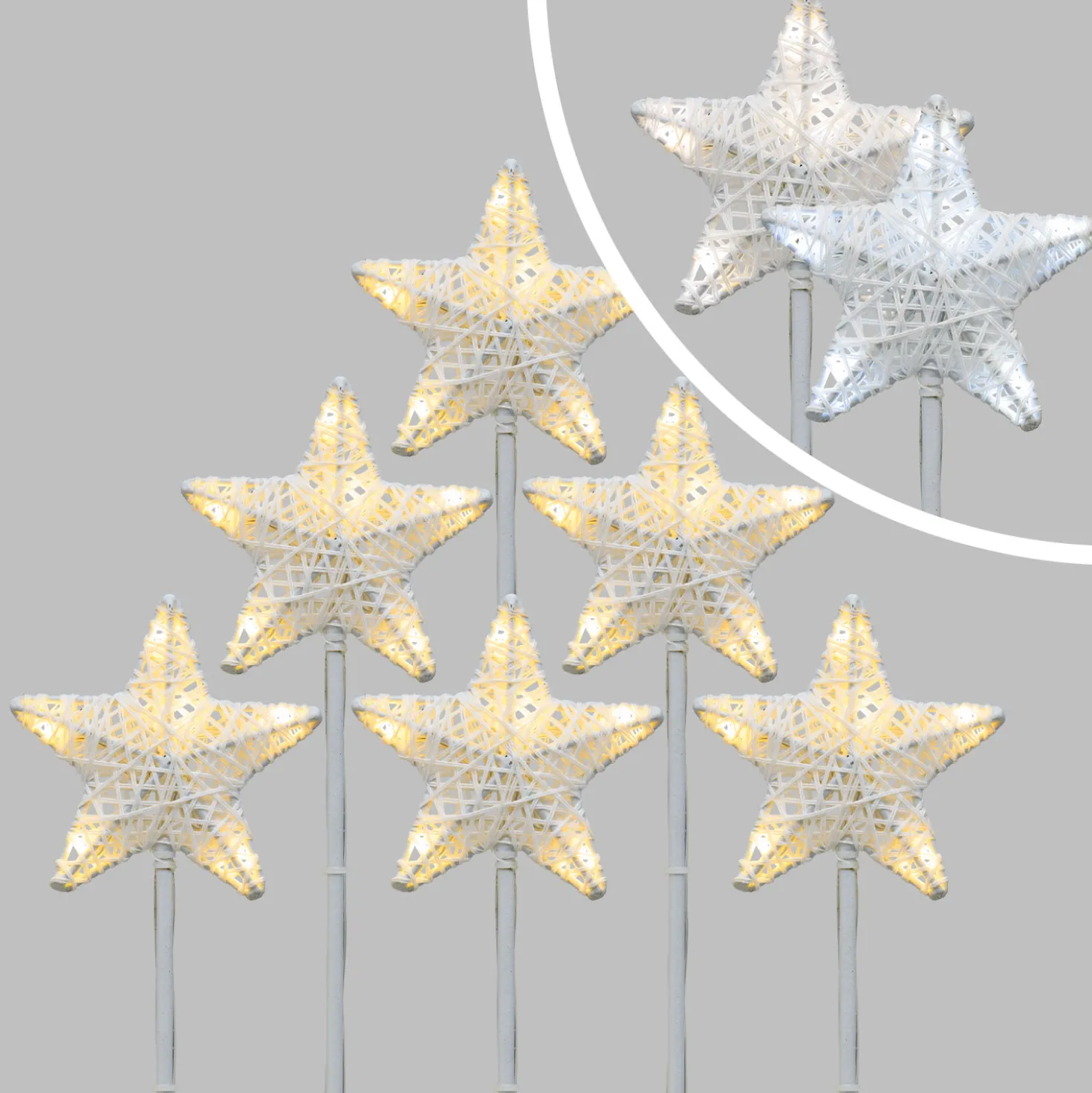 Set 6 Stelle Bianche 3D Ø 10cm con picchetto, Dual Color LED bianco caldo e freddo