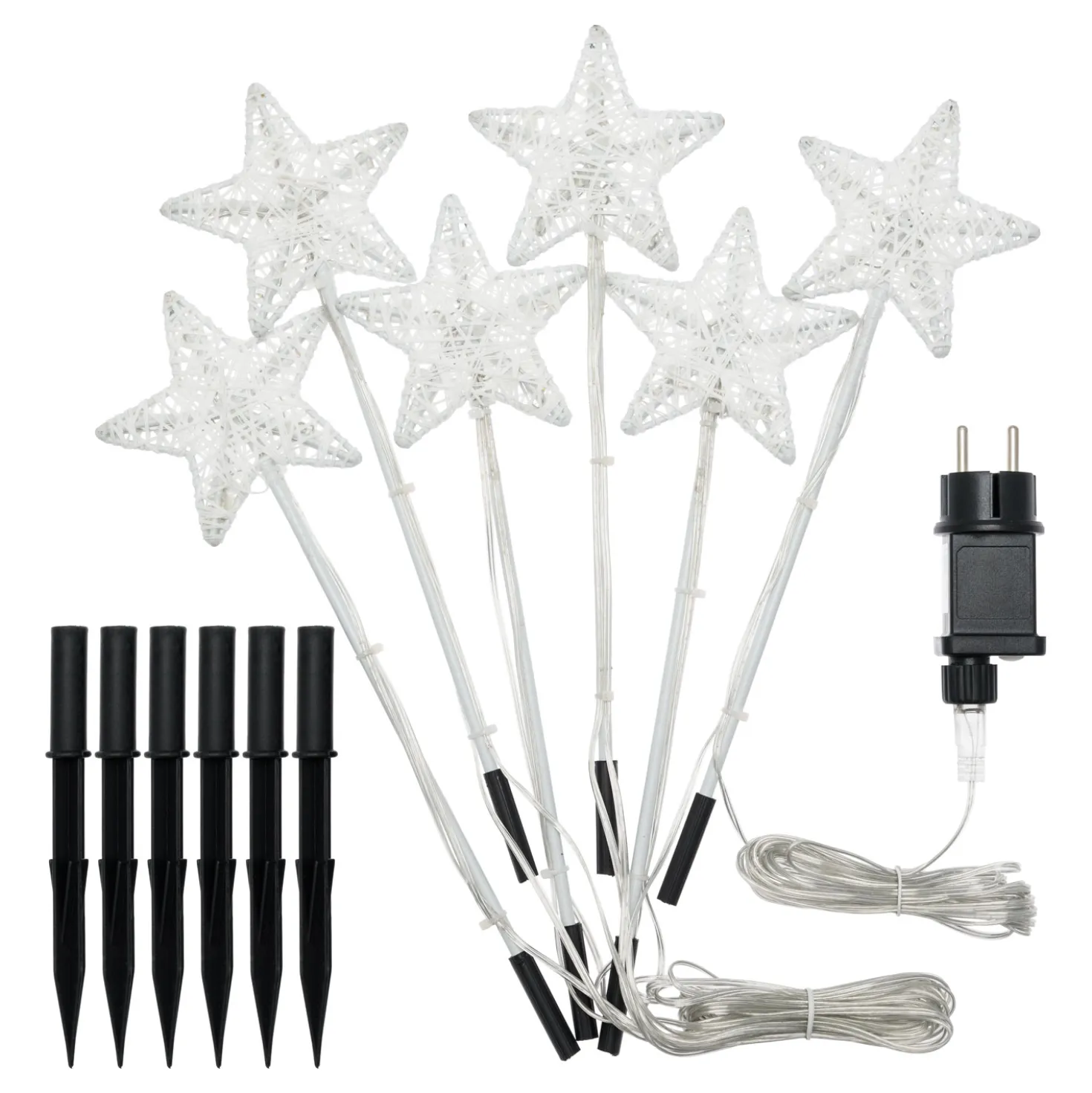 Set 6 Stelle Bianche 3D Ø 10cm con picchetto, Dual Color LED bianco caldo e freddo