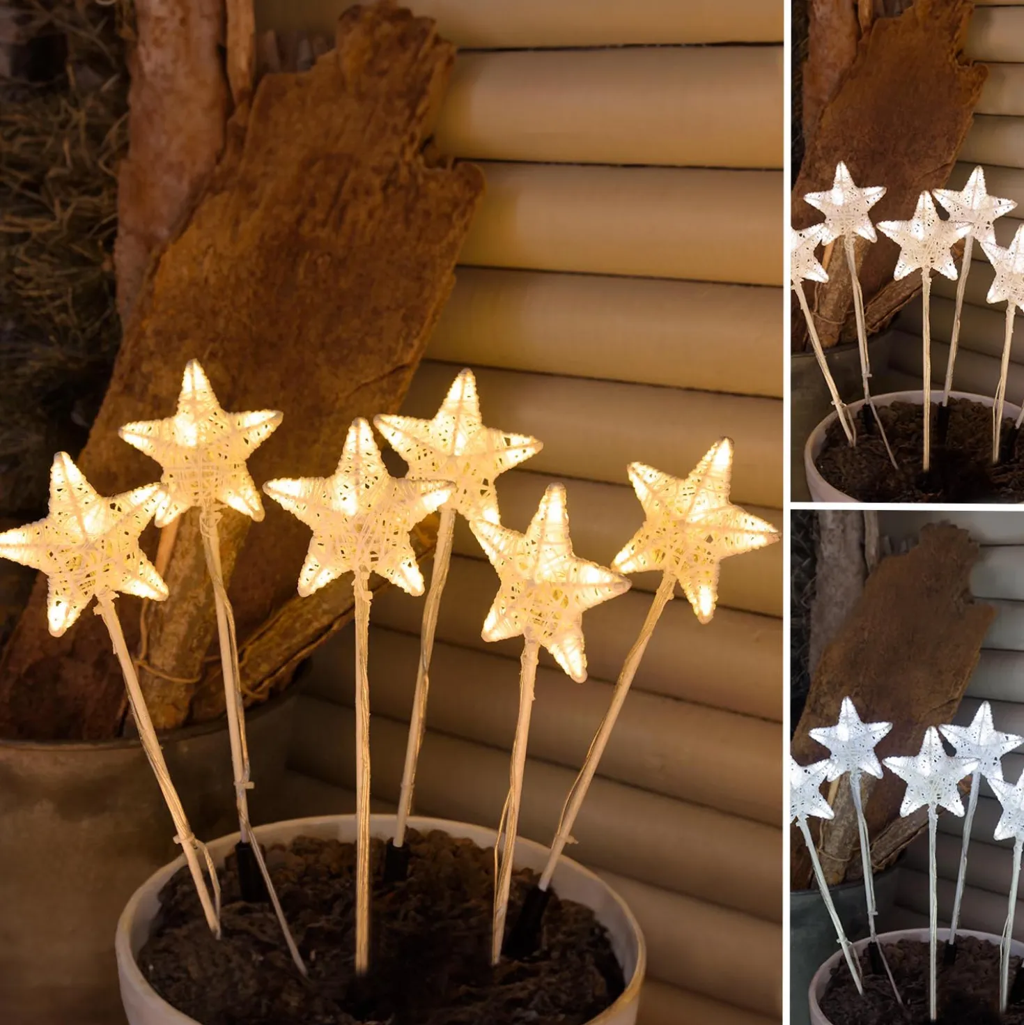 Set 6 Stelle Bianche 3D Ø 10cm con picchetto, Dual Color LED bianco caldo e freddo