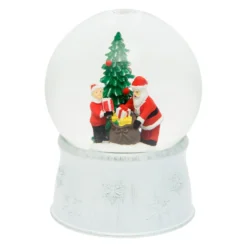 Sfera in vetro base bianco antico, Albero di Natale con Babbo Natale e sacco regali, led bianco caldo