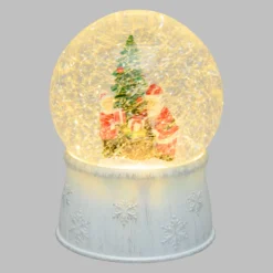 Sfera in vetro base bianco antico, Albero di Natale con Babbo Natale e sacco regali, led bianco caldo