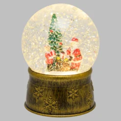 Sfera in vetro base brunita, Albero di Natale con Babbo Natale e sacco regali, led bianco caldo